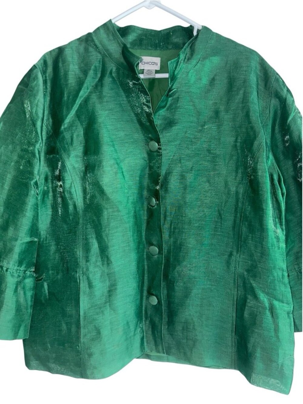 Chicos Womens Linen Blend Metallic Blazer Sz 3 Or XL Green Holiday Preppy